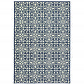 9' X 13' Ivory and Blue Geometric Stain Resistant Indoor Outdoor Area Rug on a white background