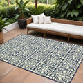 9' X 13' Ivory and Blue Geometric Stain Resistant Indoor Outdoor Area Rug