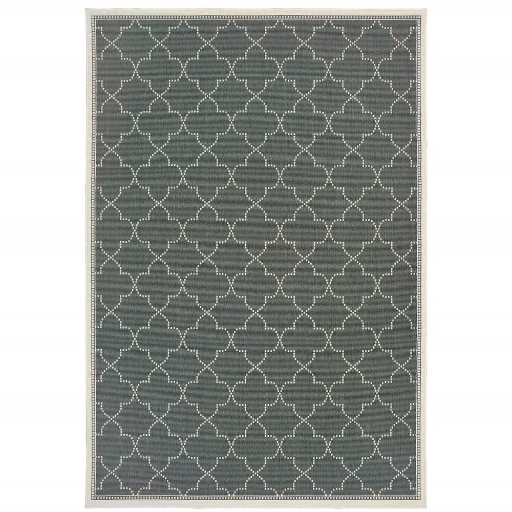 Gray and ivory geometric indoor outdoor area rug with a quatrefoil pattern on a white background.