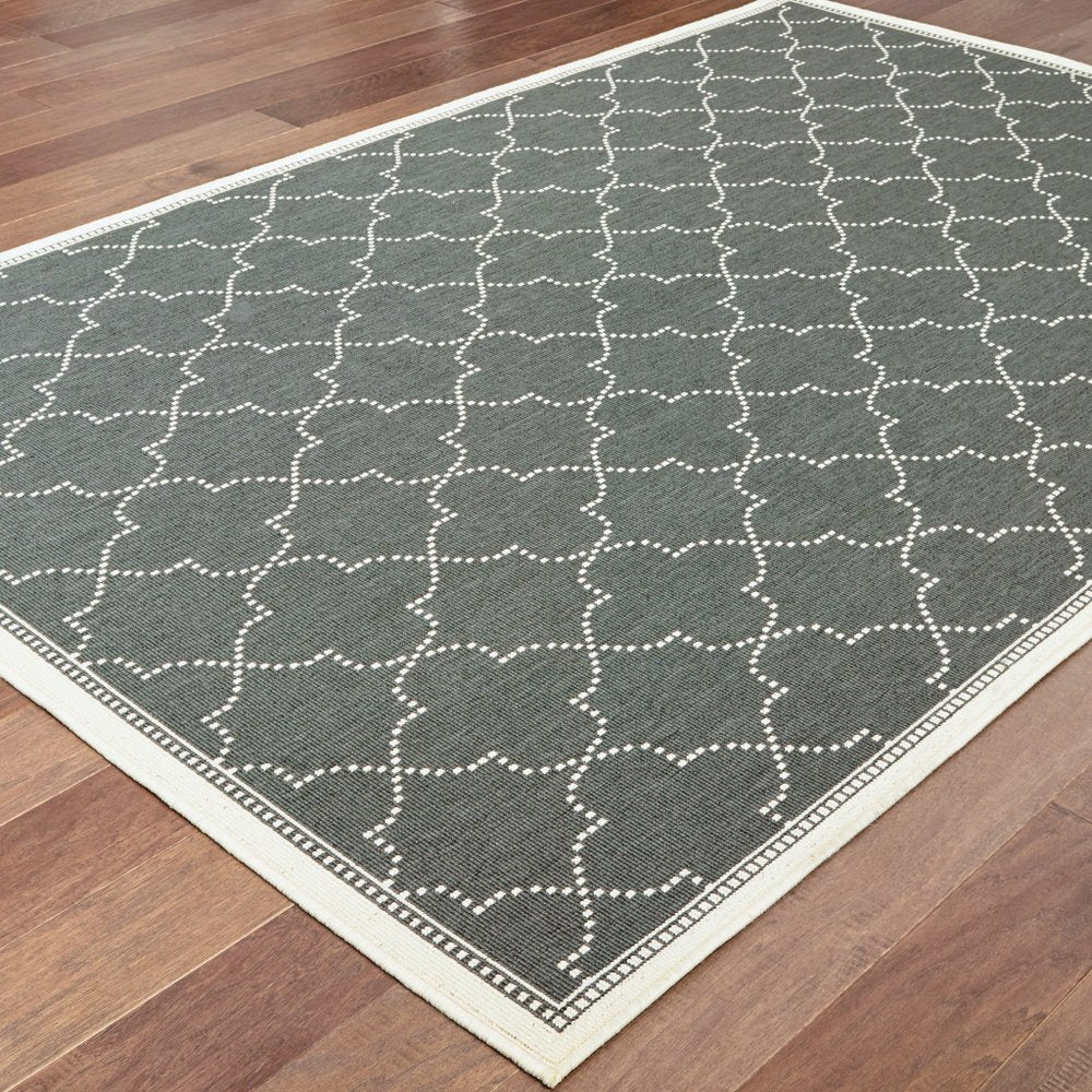 9' X 13' Gray and Ivory Geometric Stain Resistant Indoor Outdoor Area Rug - SKU 507056