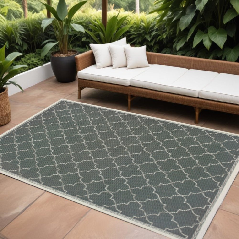9' X 13' Gray and Ivory Geometric Stain Resistant Indoor Outdoor Area Rug - SKU 507056