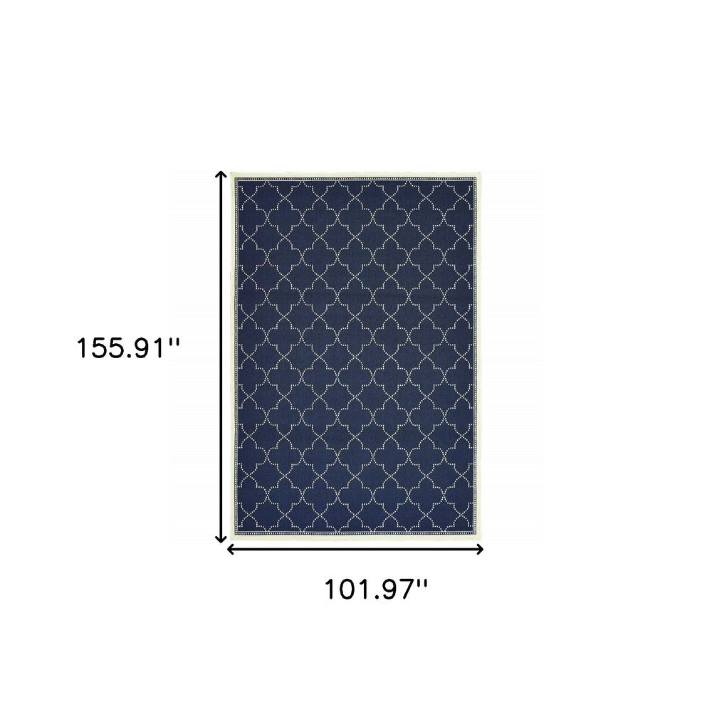 9' X 13' Blue and Ivory Geometric Stain Resistant Indoor Outdoor Area Rug on a white background