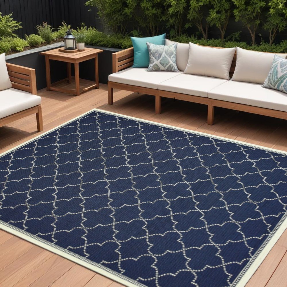 9' X 13' Blue and Ivory Geometric Stain Resistant Indoor Outdoor Area Rug