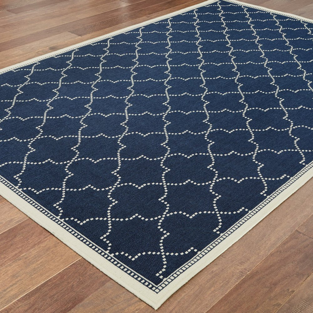 9' X 13' Blue and Ivory Geometric Stain Resistant Indoor Outdoor Area Rug - SKU 507065
