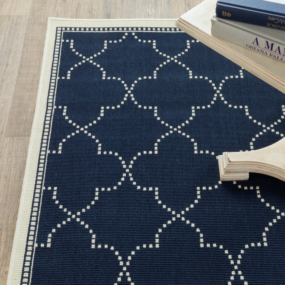 9' X 13' Blue and Ivory Geometric Stain Resistant Indoor Outdoor Area Rug - SKU 507065