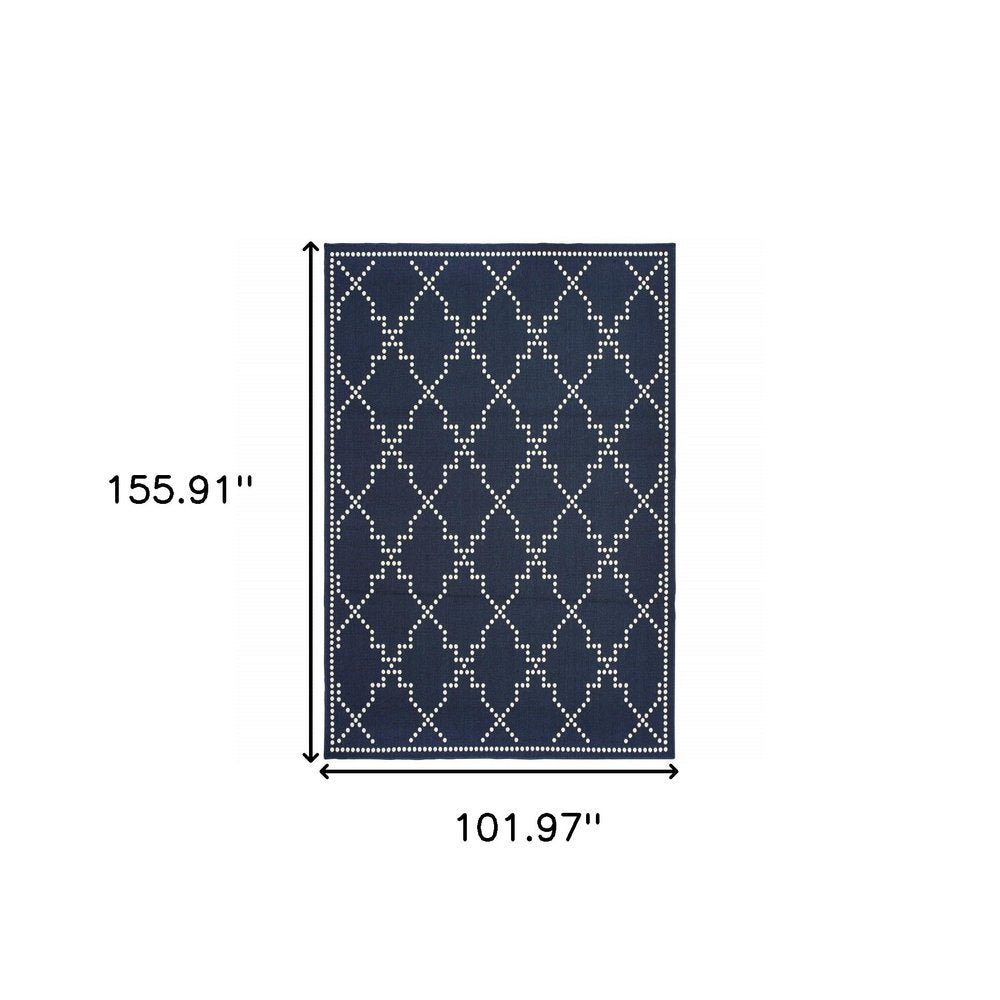 9' X 13' Blue and Ivory Geometric Stain Resistant Indoor Outdoor Area Rug on a white background