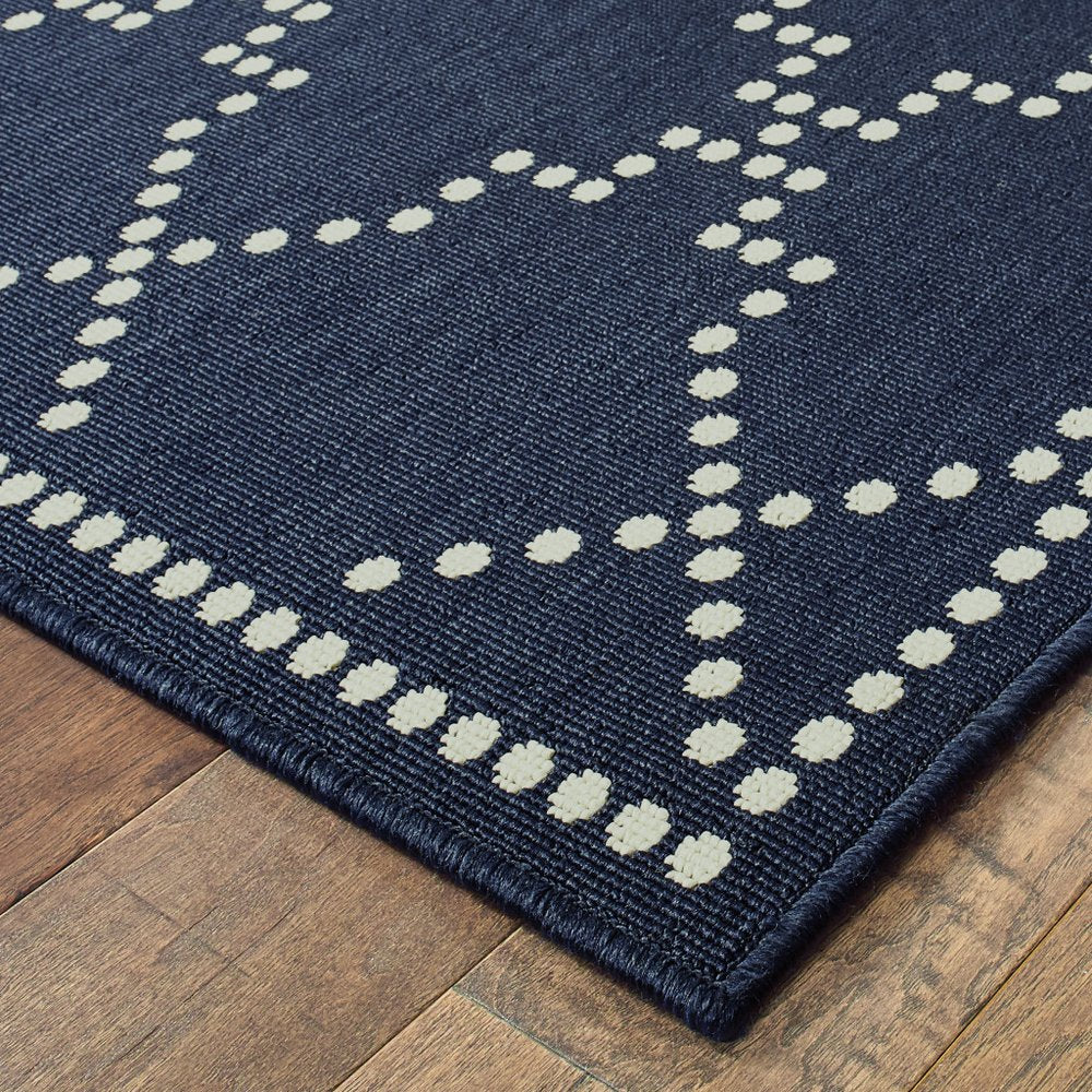 9' X 13' Blue and Ivory Geometric Stain Resistant Indoor Outdoor Area Rug - SKU 507074