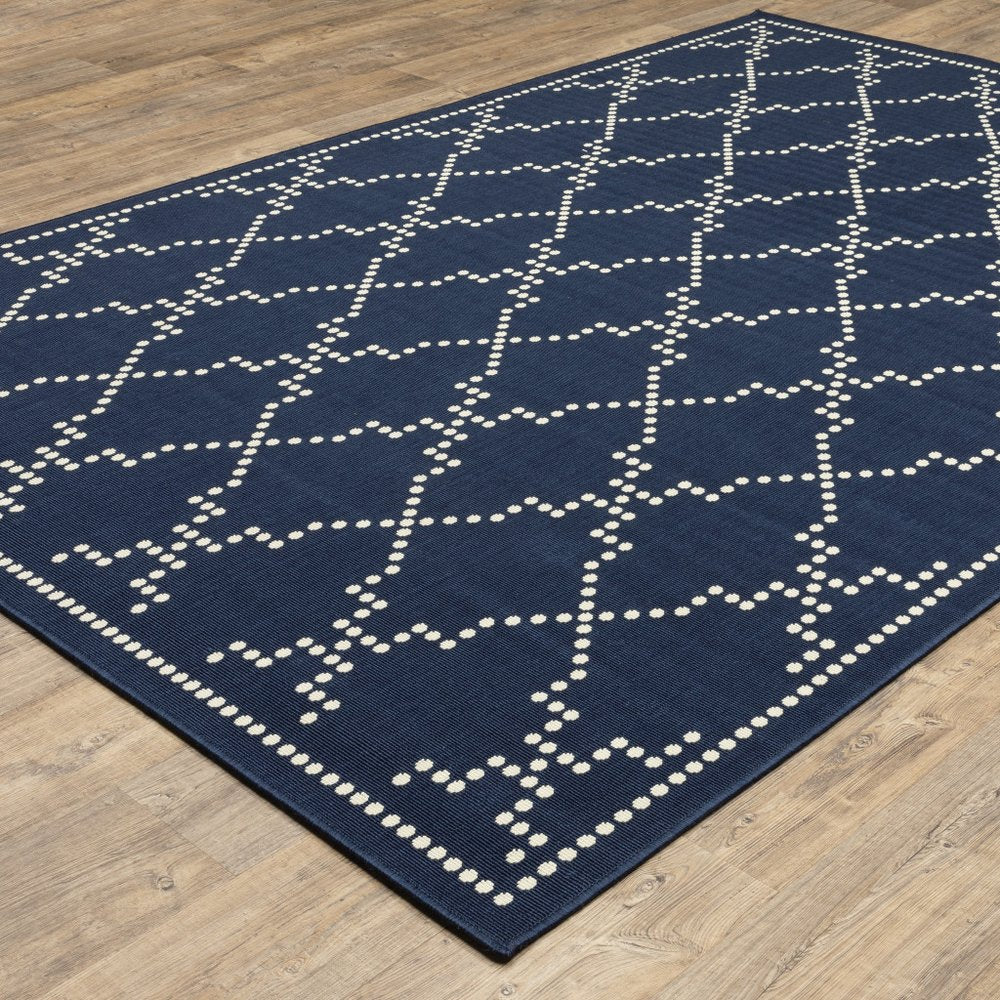 9' X 13' Blue and Ivory Geometric Stain Resistant Indoor Outdoor Area Rug - SKU 507074