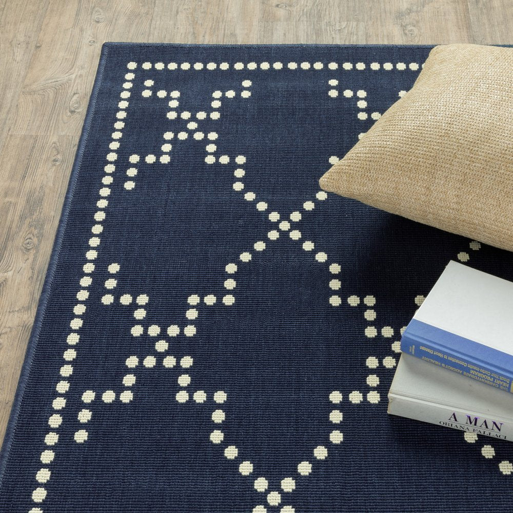 9' X 13' Blue and Ivory Geometric Stain Resistant Indoor Outdoor Area Rug - SKU 507074
