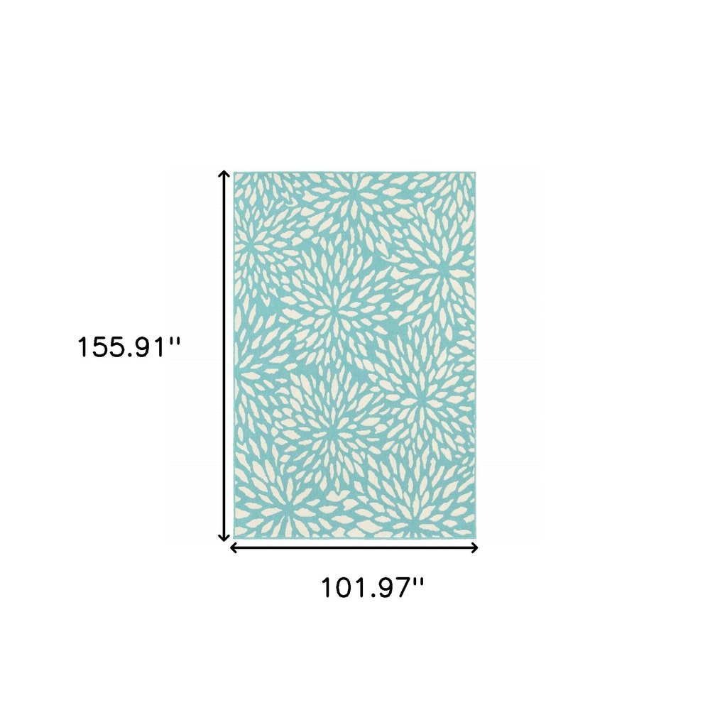9' X 13' Blue and Ivory Floral Stain Resistant Indoor Outdoor Area Rug on a white background