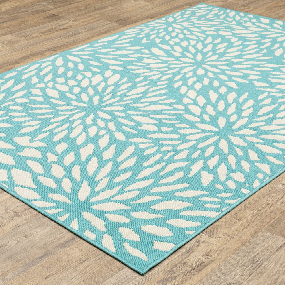 9' X 13' Blue and Ivory Floral Stain Resistant Indoor Outdoor Area Rug - SKU 507091