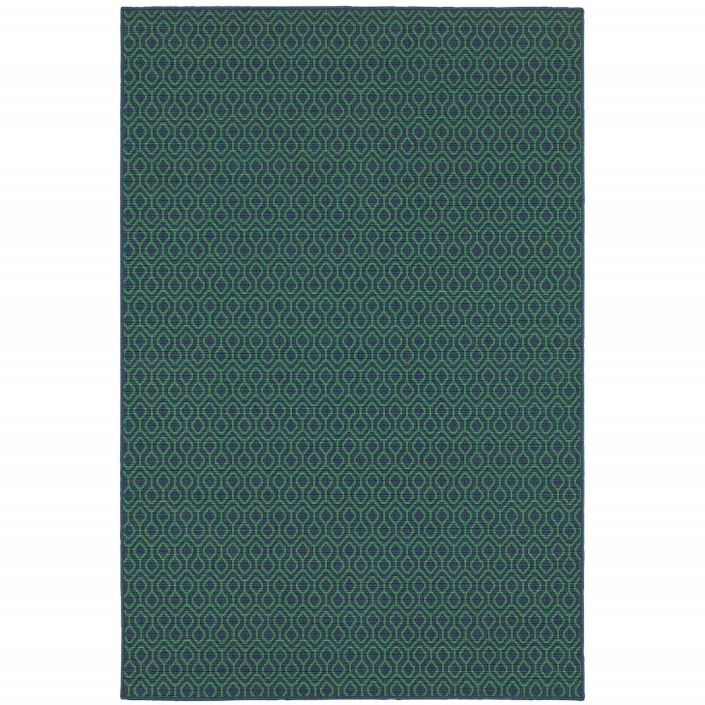 Blue and green geometric indoor outdoor area rug with a diamond pattern.