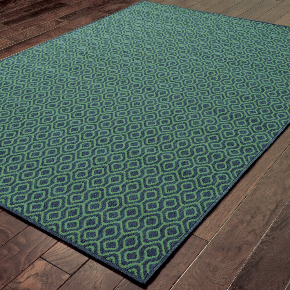 9' X 13' Blue and Green Geometric Stain Resistant Indoor Outdoor Area Rug - SKU 507099