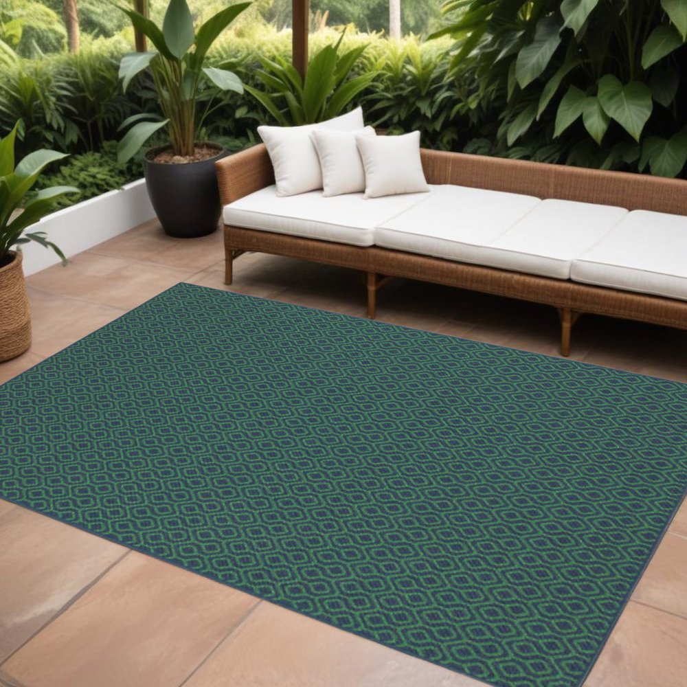 9' X 13' Blue and Green Geometric Stain Resistant Indoor Outdoor Area Rug - SKU 507099