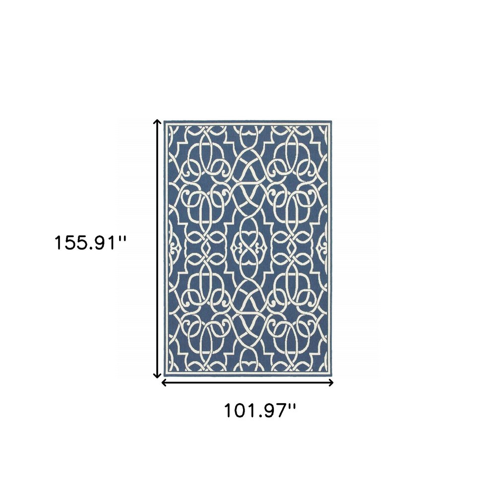9' X 13' Blue and Ivory Geometric Stain Resistant Indoor Outdoor Area Rug on a white background