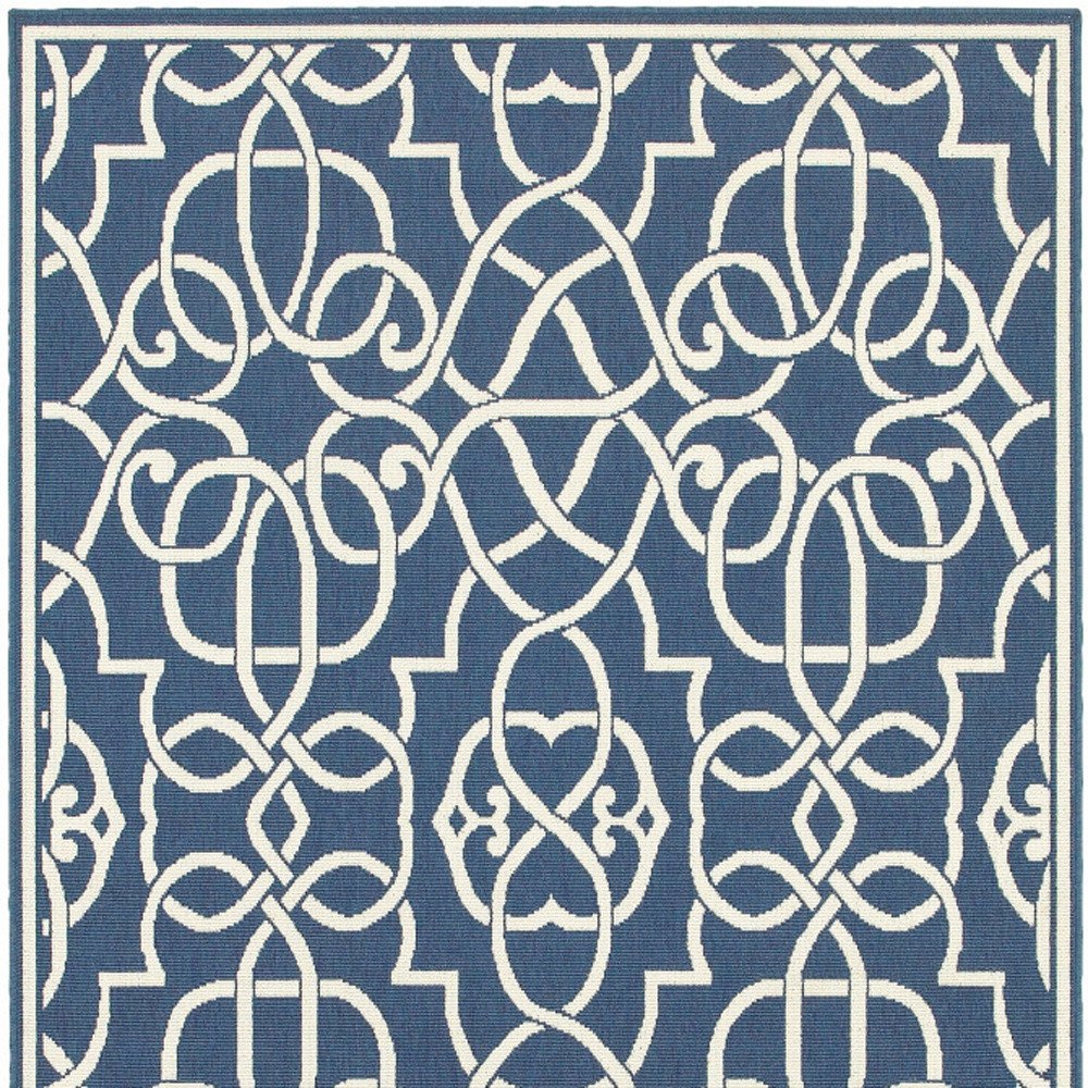 9' X 13' Blue and Ivory Geometric Stain Resistant Indoor Outdoor Area Rug close-up detail