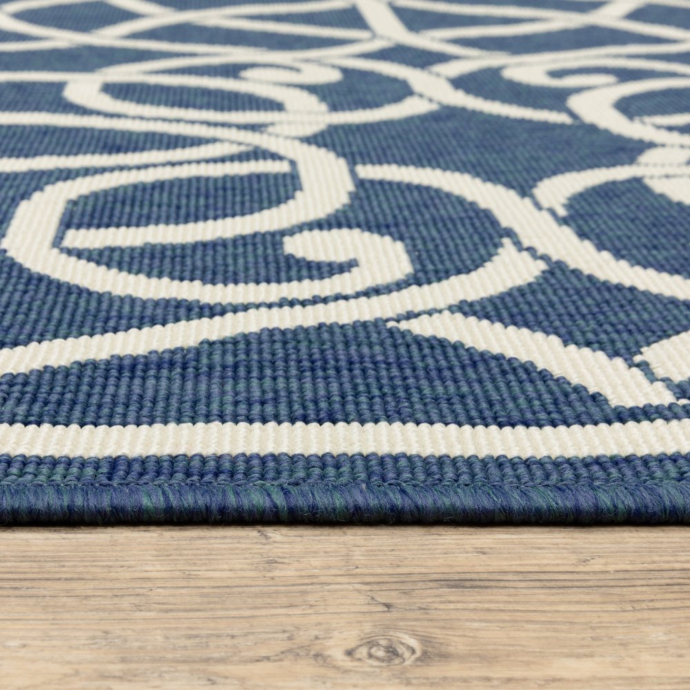 9' X 13' Blue and Ivory Geometric Stain Resistant Indoor Outdoor Area Rug - SKU 507107