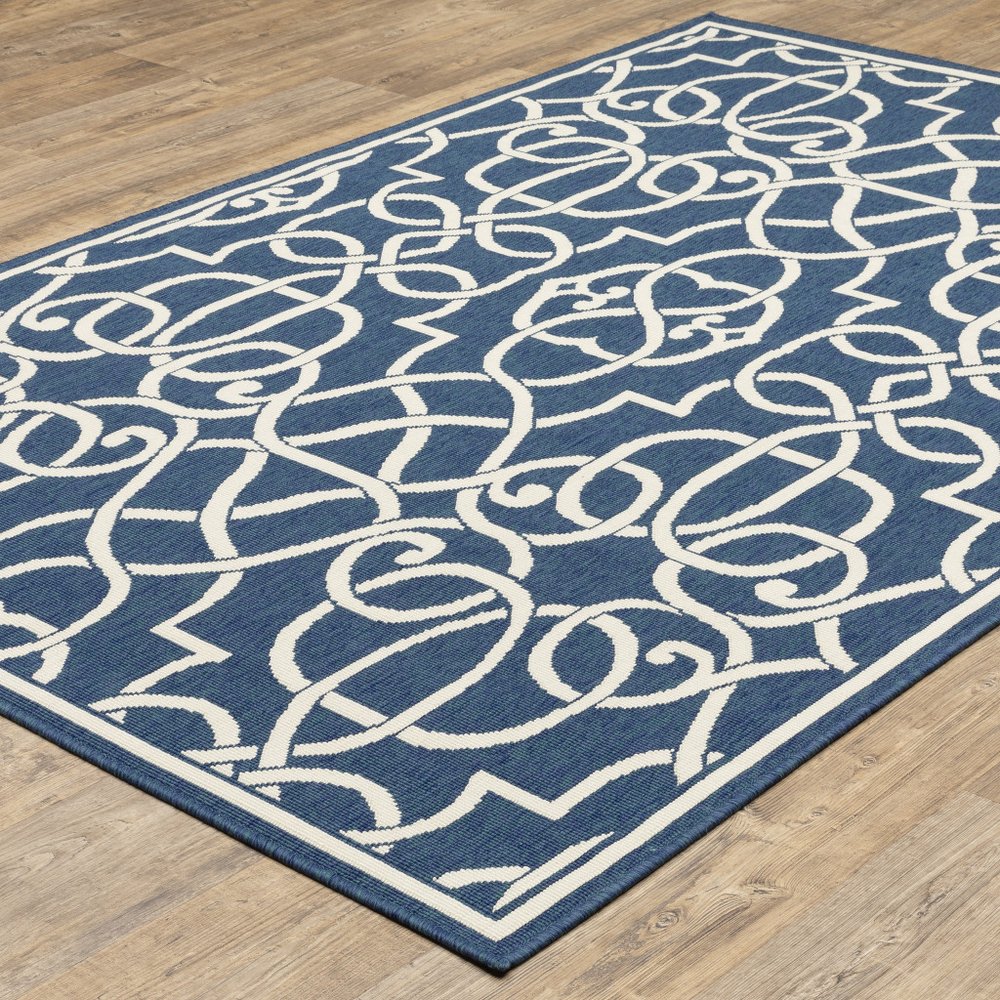 9' X 13' Blue and Ivory Geometric Stain Resistant Indoor Outdoor Area Rug - SKU 507107