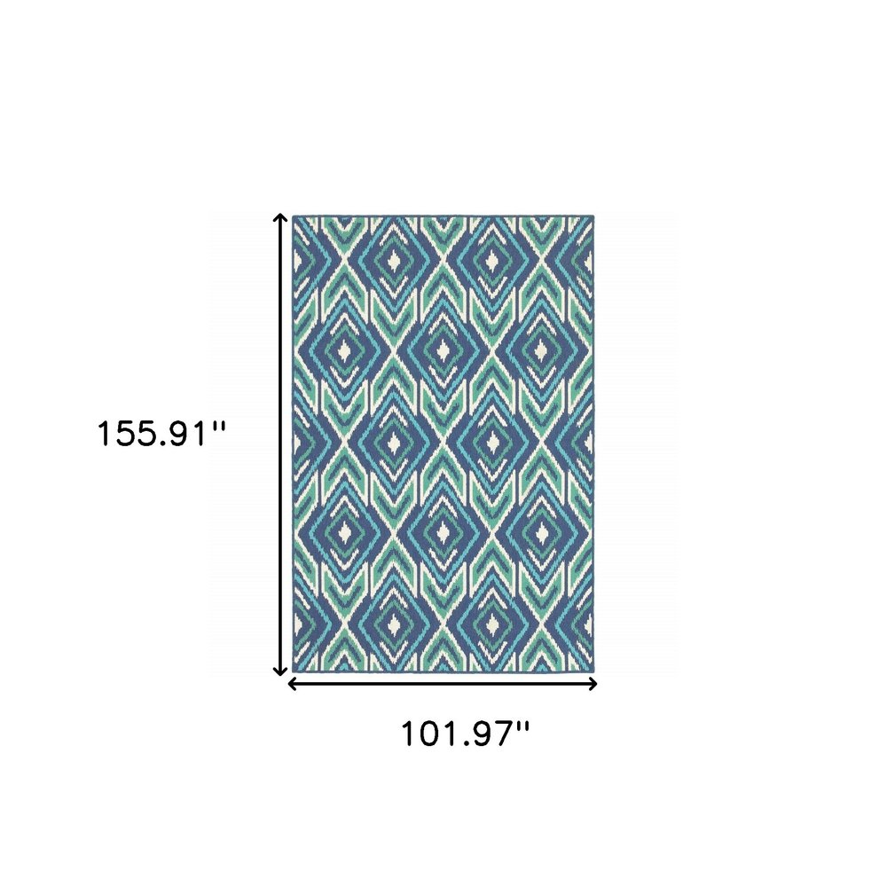 9' X 13' Blue and Ivory Geometric Stain Resistant Indoor Outdoor Area Rug on a white background