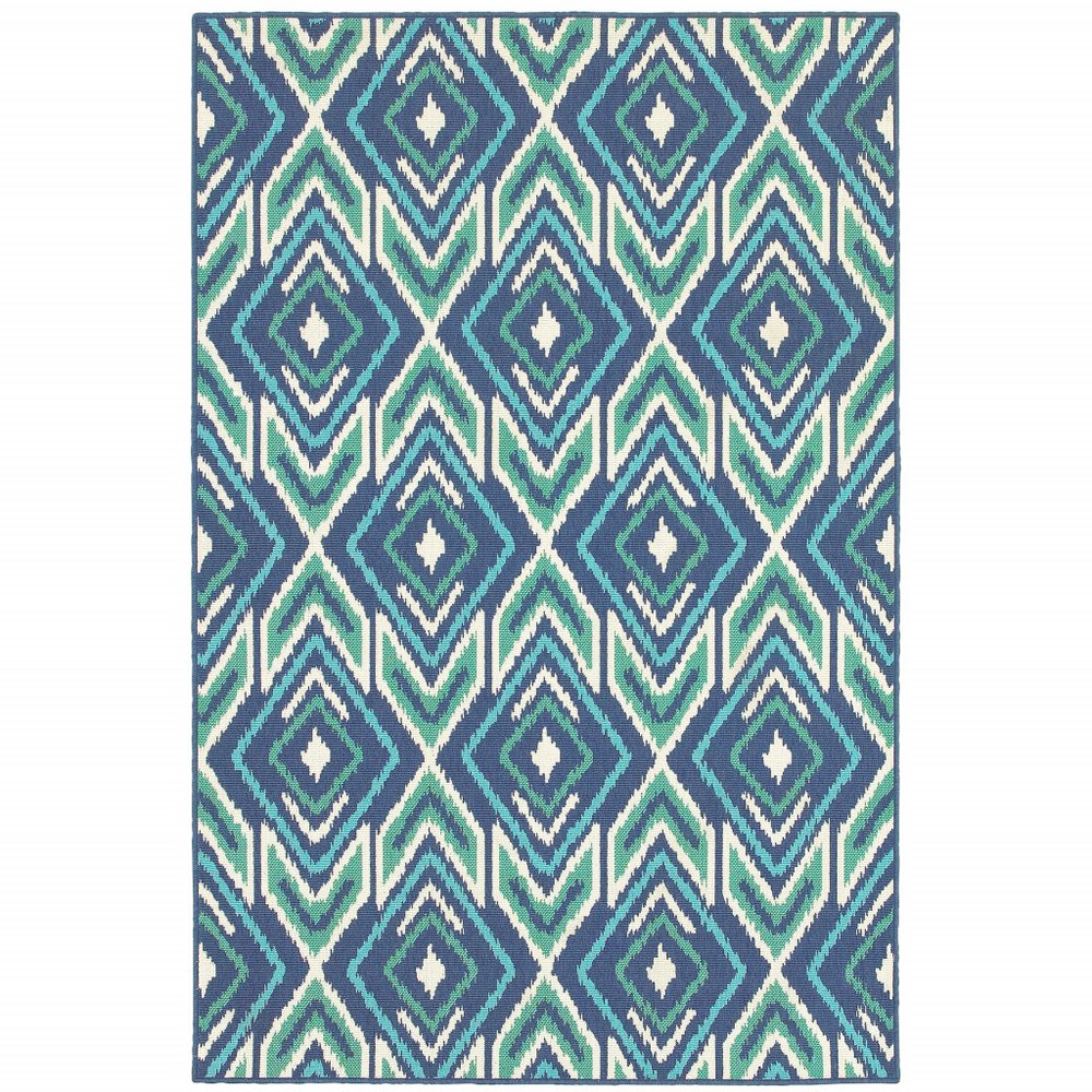 Blue and ivory geometric diamond pattern indoor outdoor area rug.