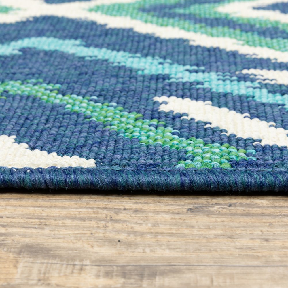 9' X 13' Blue and Ivory Geometric Stain Resistant Indoor Outdoor Area Rug - SKU 507115