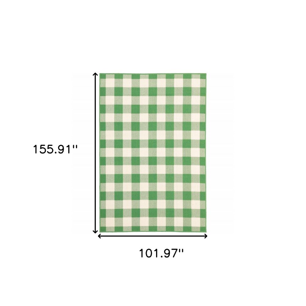 9' X 13' Green and Ivory Geometric Stain Resistant Indoor Outdoor Area Rug on a white background