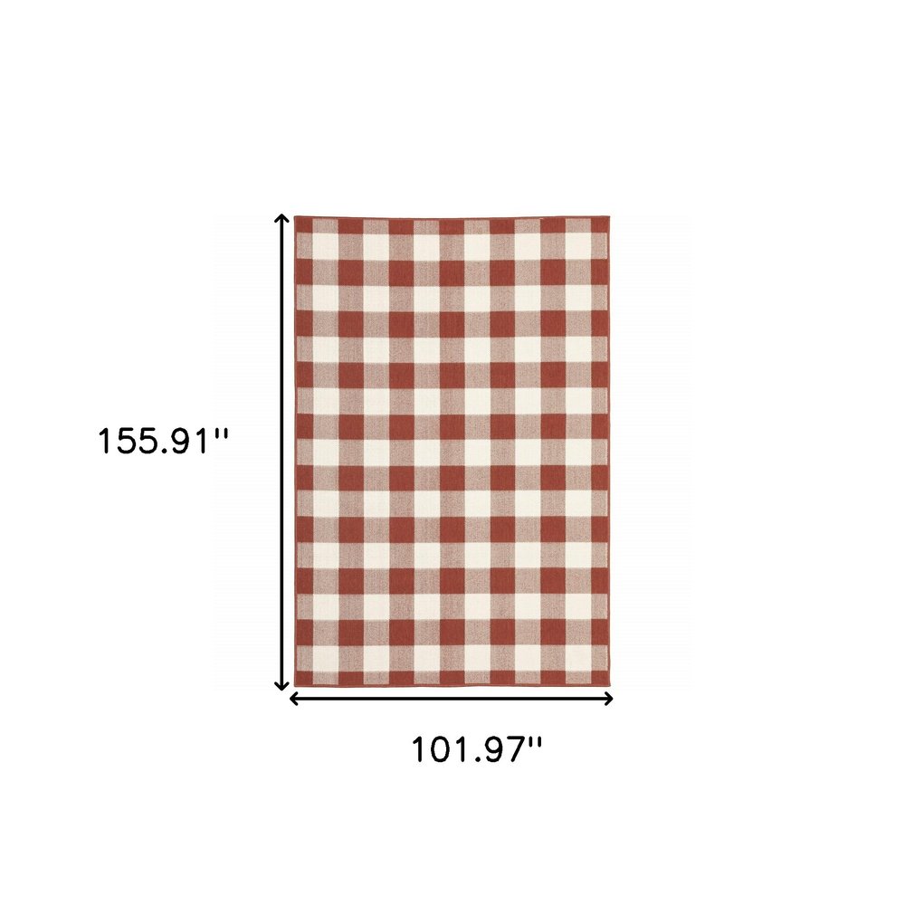 9' X 13' Red And Ivory Geometric Indoor Outdoor Area Rug on a white background