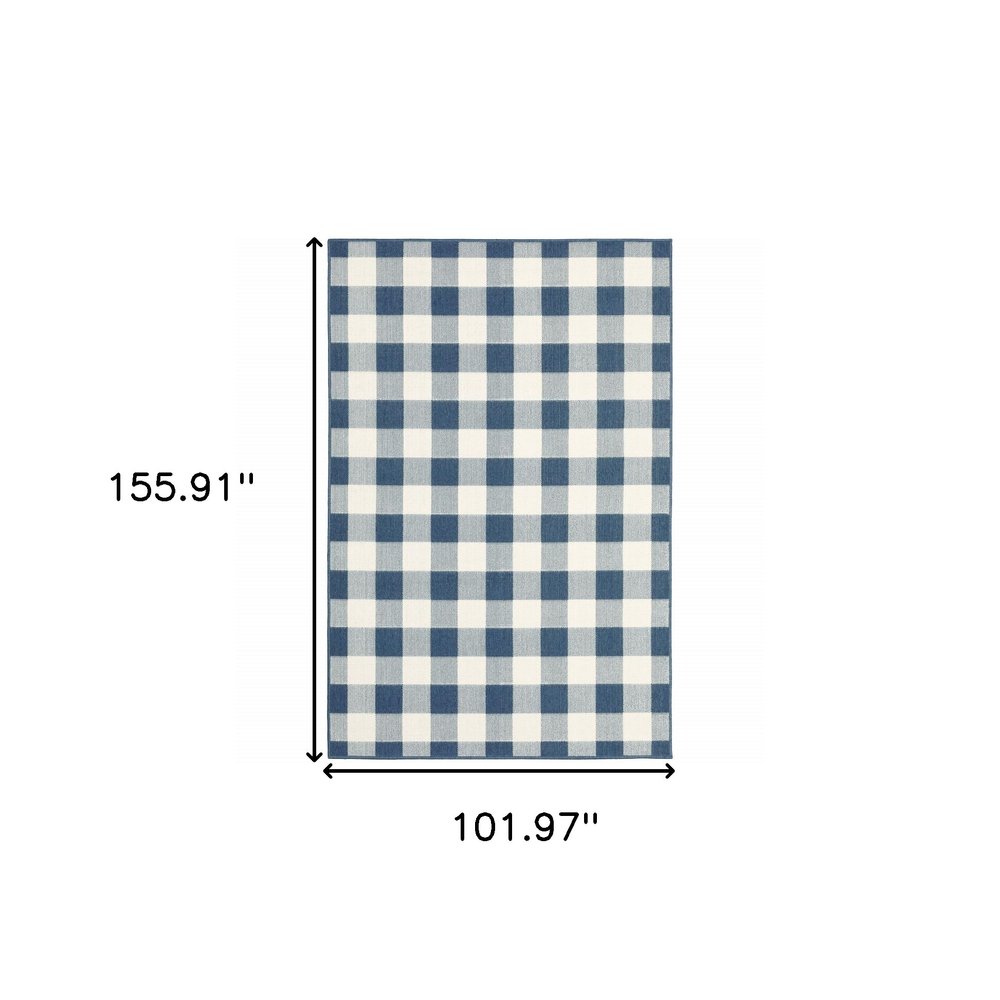 9' X 13' Blue and Ivory Geometric Stain Resistant Indoor Outdoor Area Rug on a white background