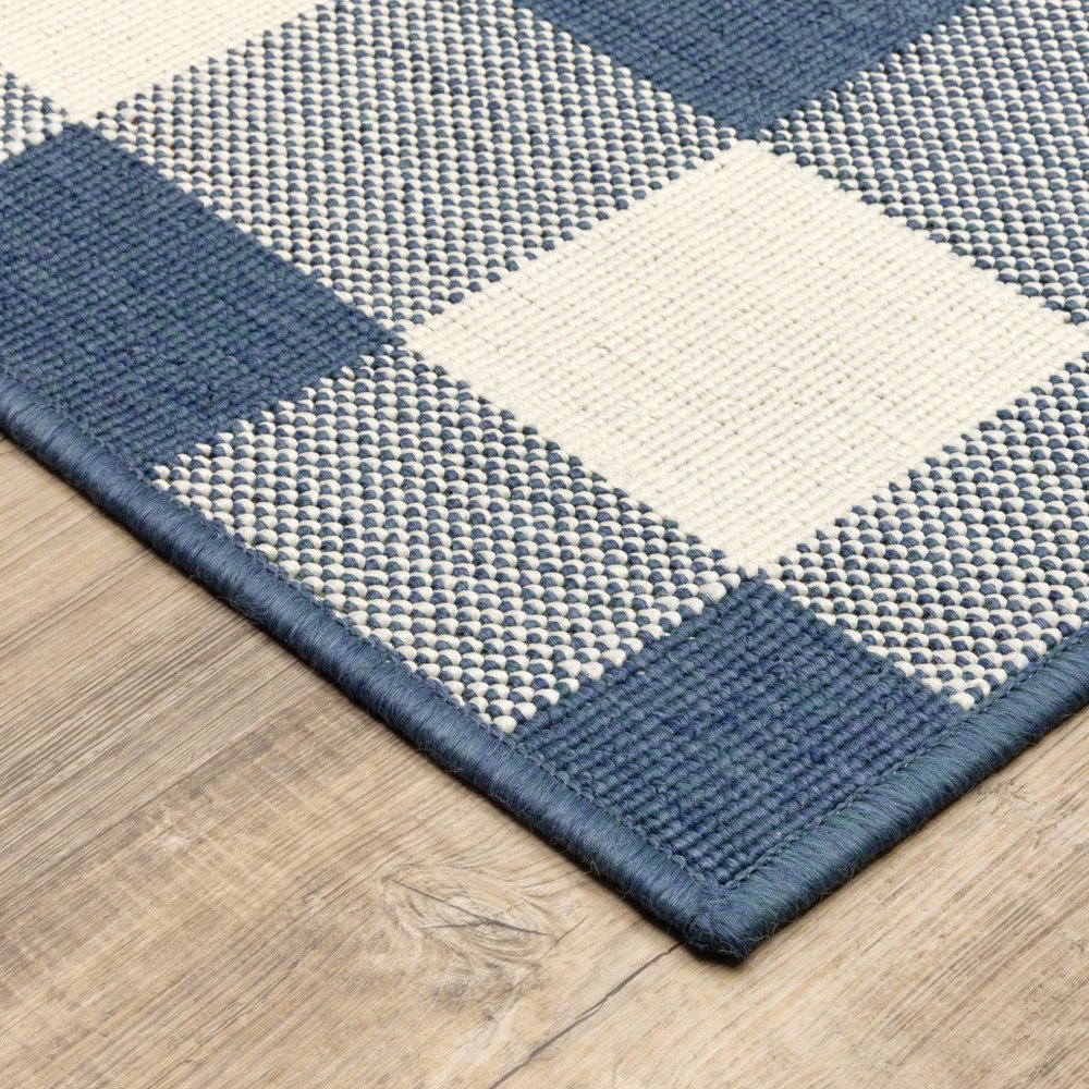 9' X 13' Blue and Ivory Geometric Stain Resistant Indoor Outdoor Area Rug - SKU 507139