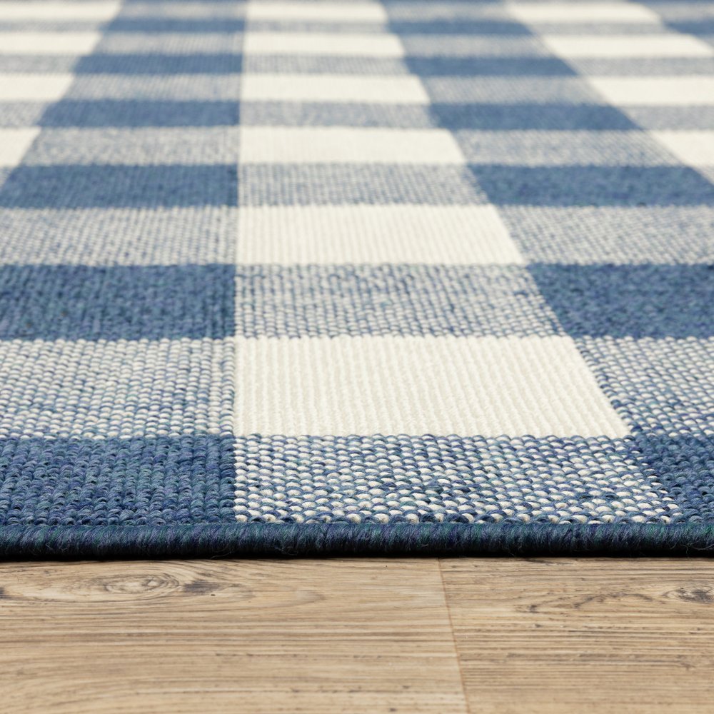 9' X 13' Blue and Ivory Geometric Stain Resistant Indoor Outdoor Area Rug - SKU 507139