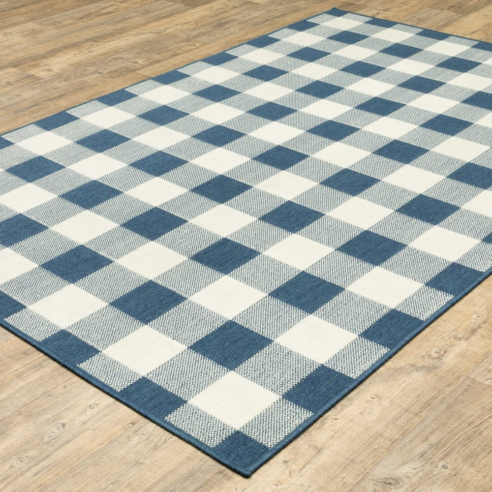 9' X 13' Blue and Ivory Geometric Stain Resistant Indoor Outdoor Area Rug - SKU 507139
