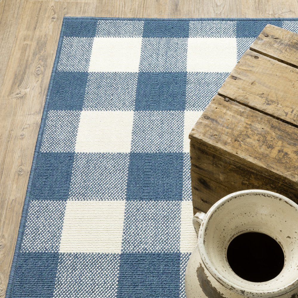 9' X 13' Blue and Ivory Geometric Stain Resistant Indoor Outdoor Area Rug - SKU 507139