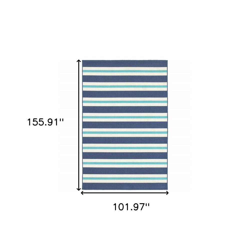 9' X 13' Blue and Ivory Geometric Stain Resistant Indoor Outdoor Area Rug on a white background