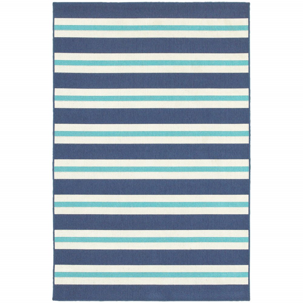 A blue, ivory, and teal striped indoor/outdoor area rug on a white background.