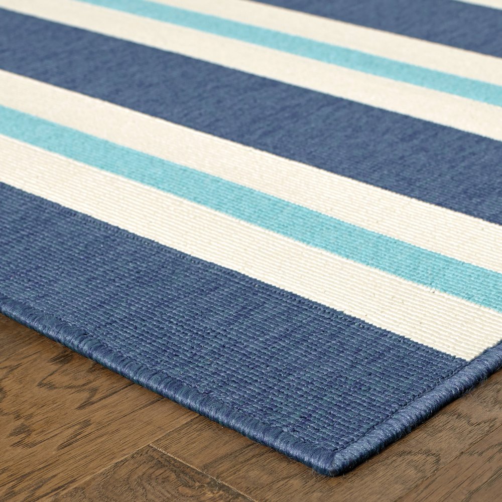 9' X 13' Blue and Ivory Geometric Stain Resistant Indoor Outdoor Area Rug - SKU 507147