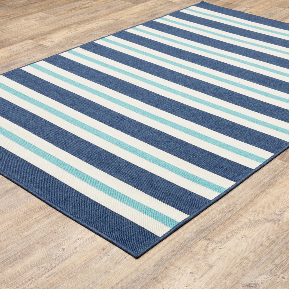 9' X 13' Blue and Ivory Geometric Stain Resistant Indoor Outdoor Area Rug - SKU 507147