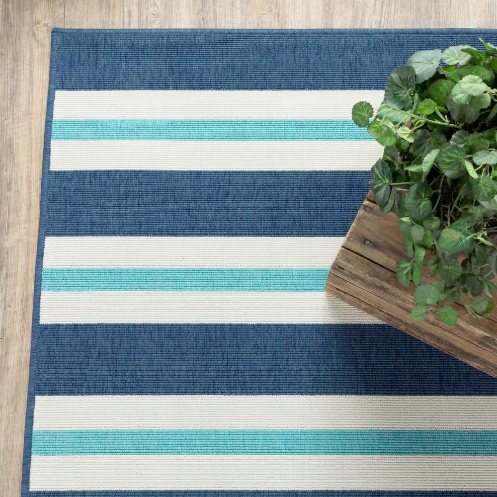 9' X 13' Blue and Ivory Geometric Stain Resistant Indoor Outdoor Area Rug - SKU 507147