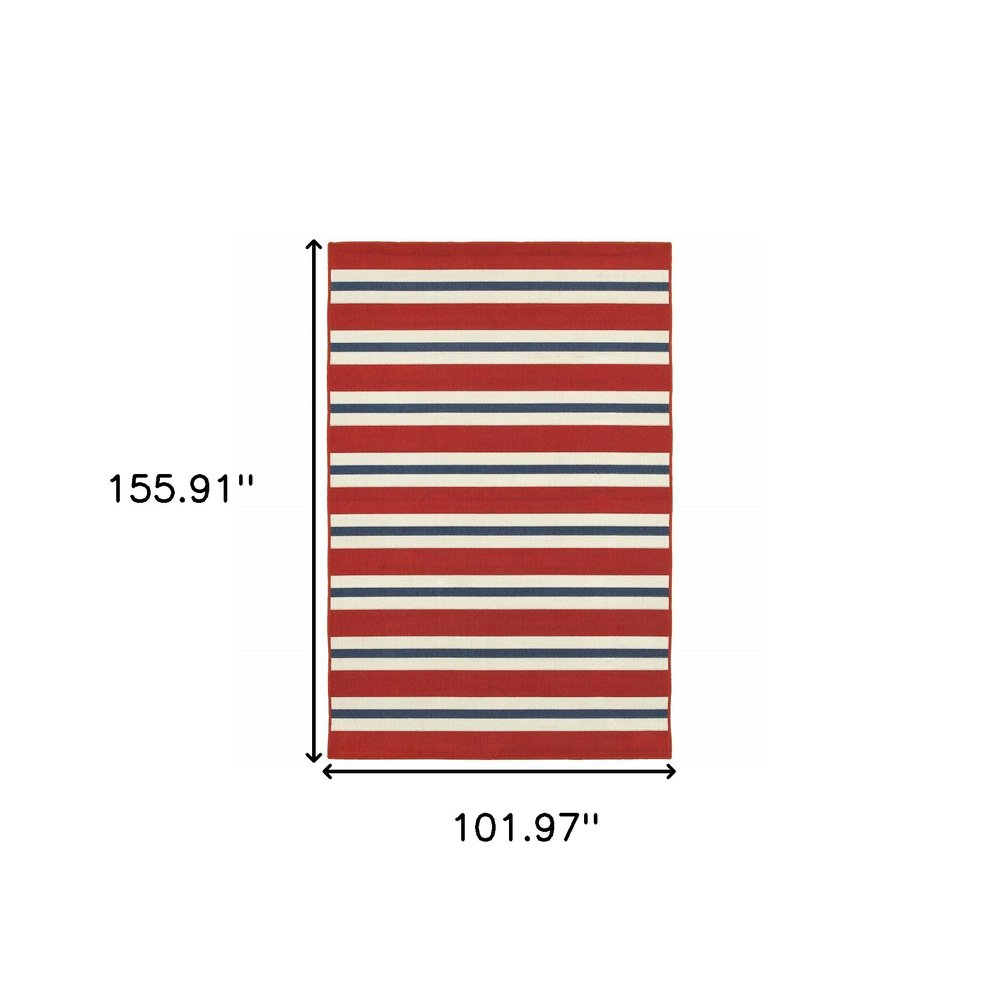 9' X 13' Red and Ivory Geometric Stain Resistant Indoor Outdoor Area Rug on a white background