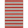 9' X 13' Red and Ivory Geometric Stain Resistant Indoor Outdoor Area Rug on a white background