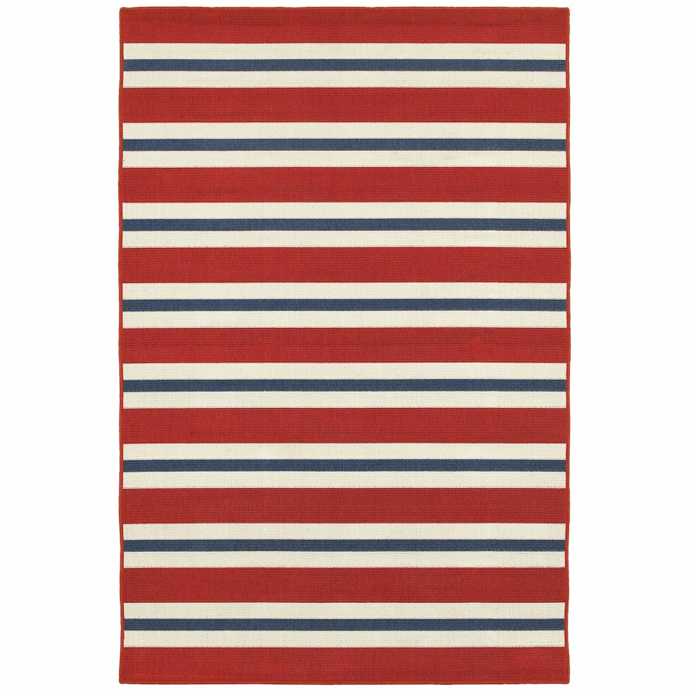 Red, white, and blue striped indoor/outdoor area rug.
