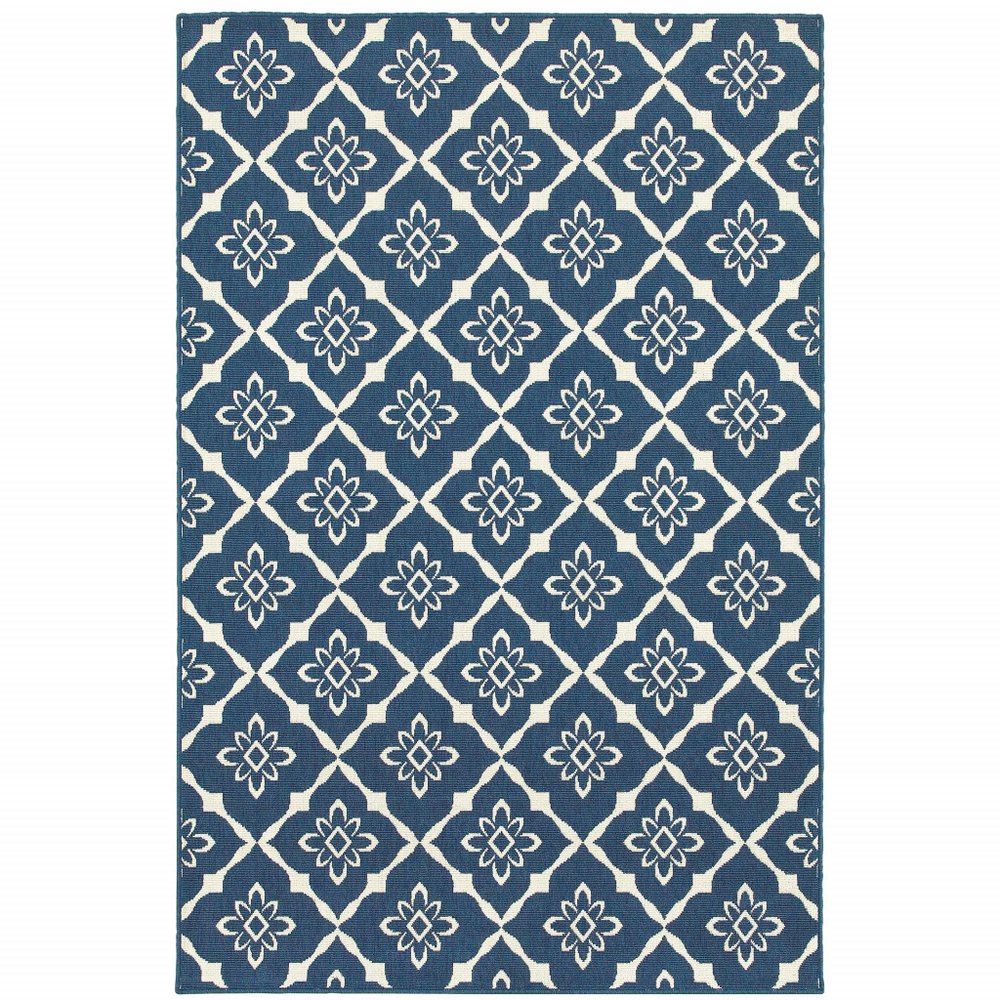 Blue and ivory floral pattern indoor outdoor area rug on a white background.