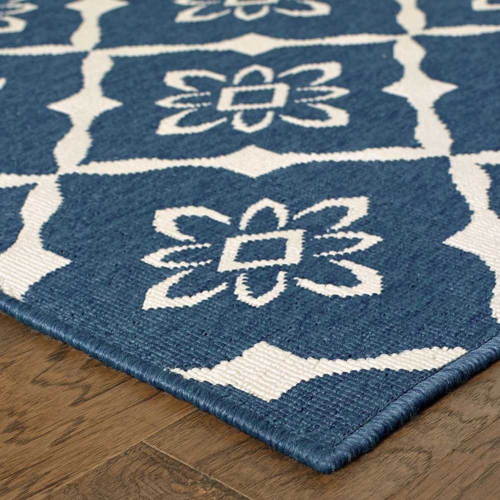 9' X 13' Blue and Ivory Floral Stain Resistant Indoor Outdoor Area Rug - SKU 507163