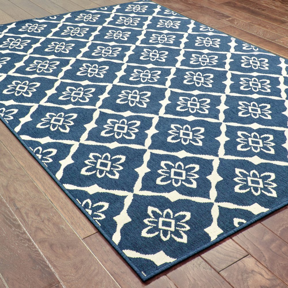 9' X 13' Blue and Ivory Floral Stain Resistant Indoor Outdoor Area Rug - SKU 507163