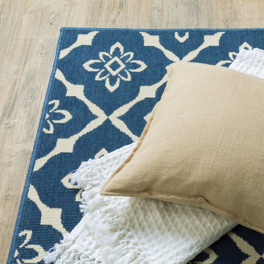 9' X 13' Blue and Ivory Floral Stain Resistant Indoor Outdoor Area Rug - SKU 507163