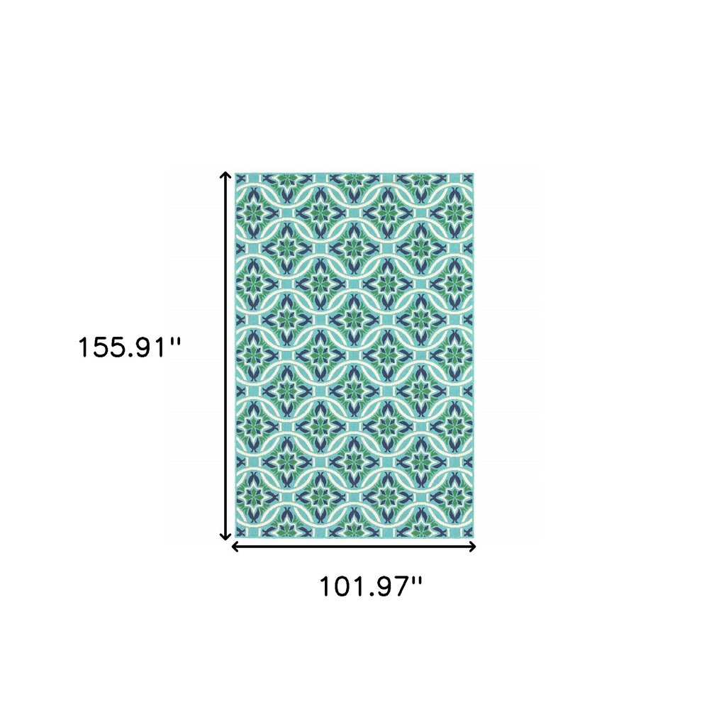 9' X 13' Blue and Green Geometric Stain Resistant Indoor Outdoor Area Rug on a white background