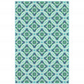 9' X 13' Blue and Green Geometric Stain Resistant Indoor Outdoor Area Rug on a white background