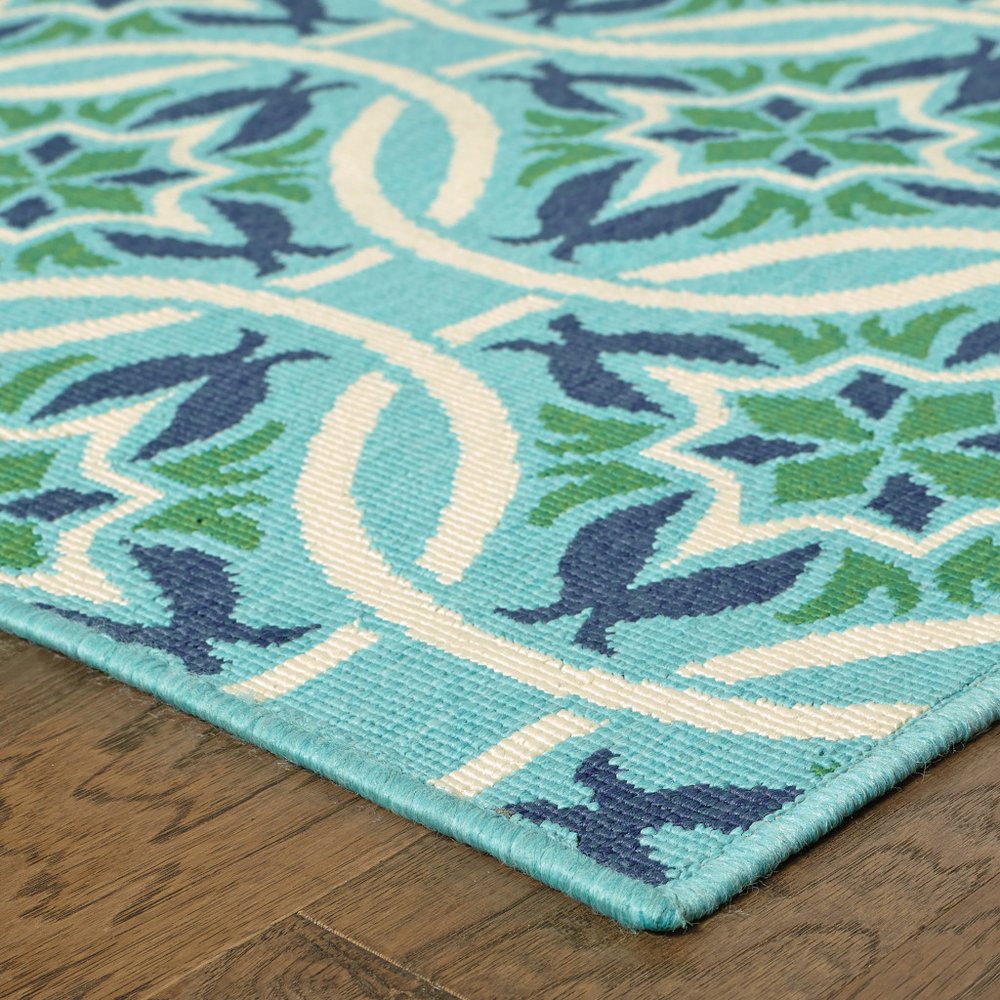9' X 13' Blue and Green Geometric Stain Resistant Indoor Outdoor Area Rug - SKU 507171