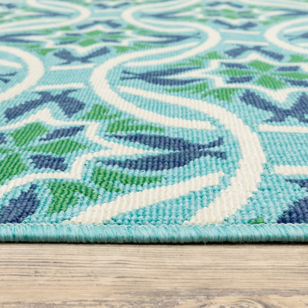 9' X 13' Blue and Green Geometric Stain Resistant Indoor Outdoor Area Rug - SKU 507171