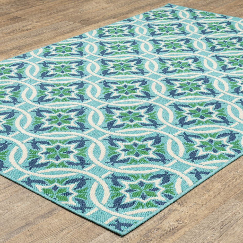 9' X 13' Blue and Green Geometric Stain Resistant Indoor Outdoor Area Rug - SKU 507171