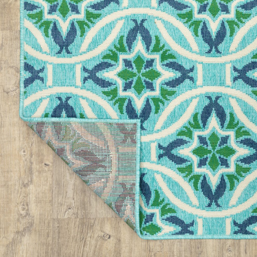 9' X 13' Blue and Green Geometric Stain Resistant Indoor Outdoor Area Rug - SKU 507171